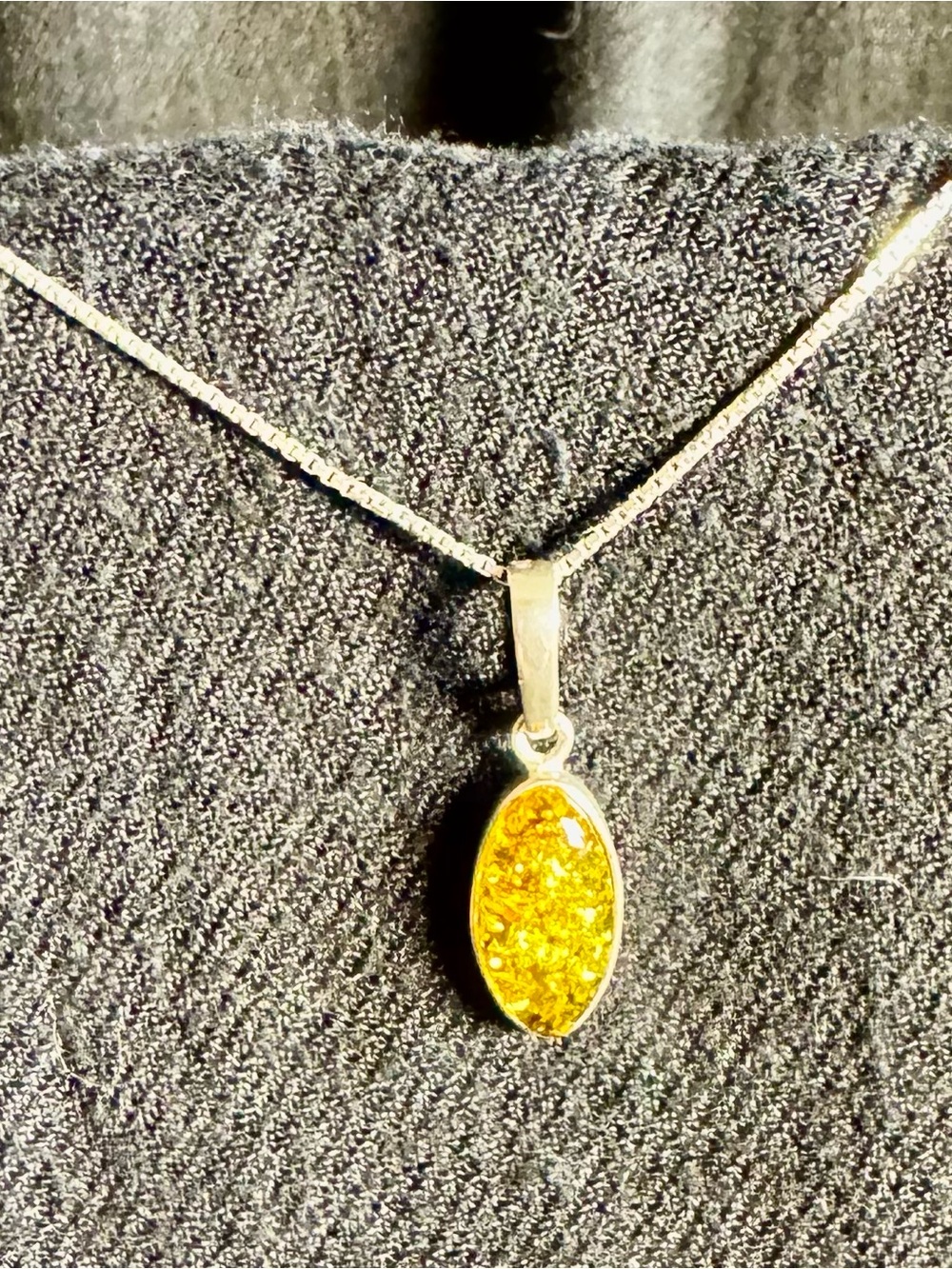 Silver Pendant Necklace with Yellow Amber Oval Stone